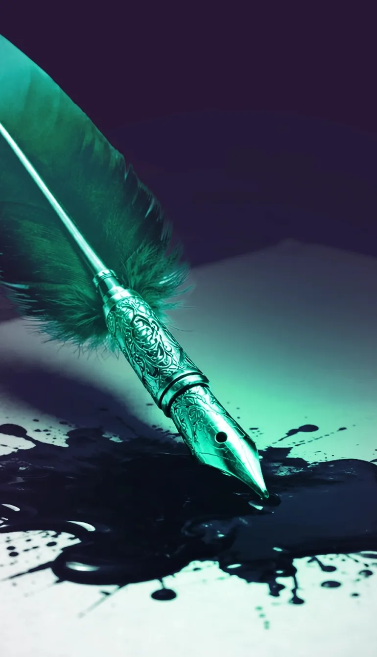 Plume d’écriture posée sur une flaque d’encre